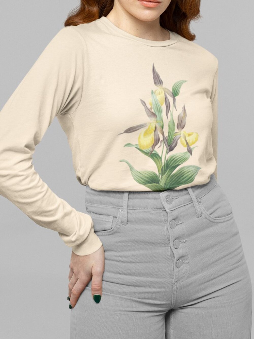 Yellow Lady's Slipper Vintage Floral Print Long Sleeve Graphic Tee T-shirt S-XXL